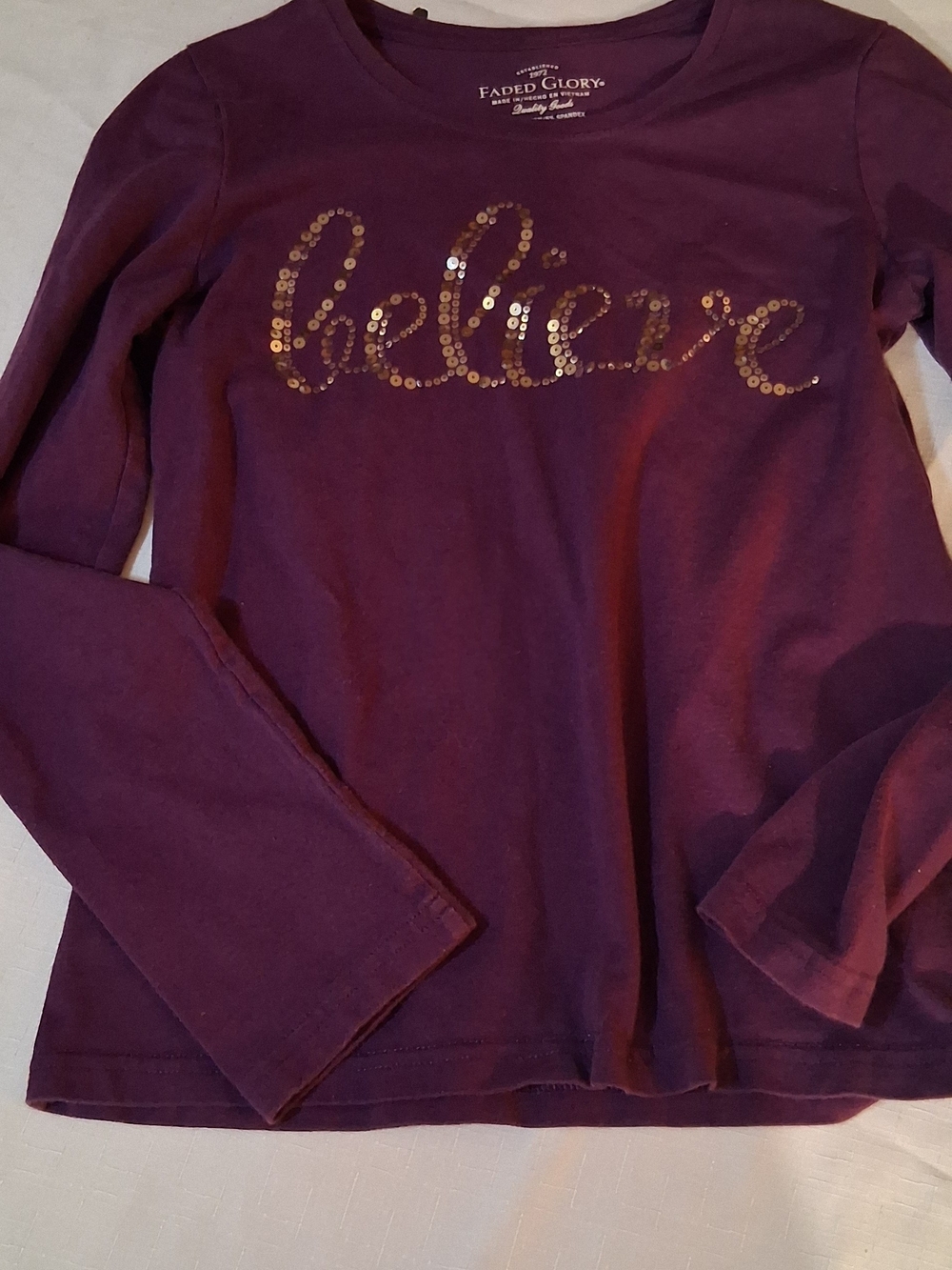Faded Glory Purple Long-Sleeve Tee with Gold Sequin 'Believe' L 260901